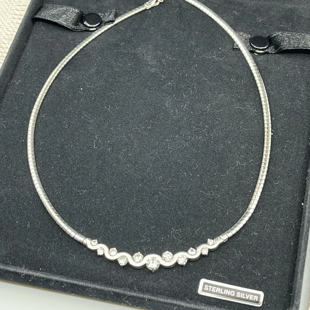Vintage Sterling Silver CI 925 Channeled CZ Omega Collar Necklace – 16” - Picture 16 of 17